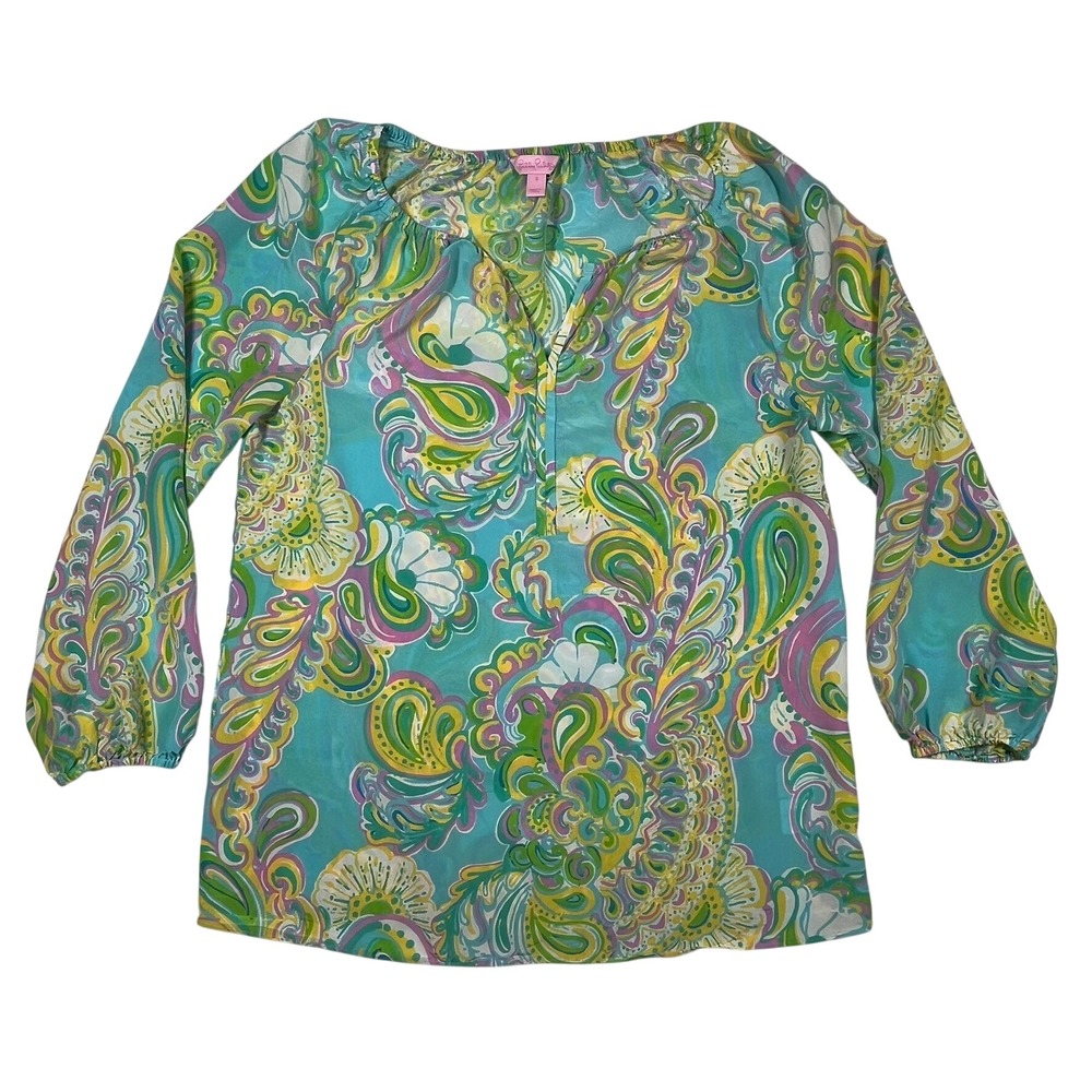 Lilly Pulitzer Silk Blouse Womens S Turquoise Multi Paisley Top Preppy Boho - Picture 3 of 11